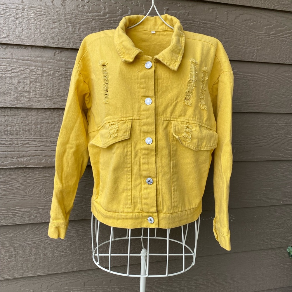 Women's Ripped Distressed Button-Up Denim Jacket Yellow Size XS